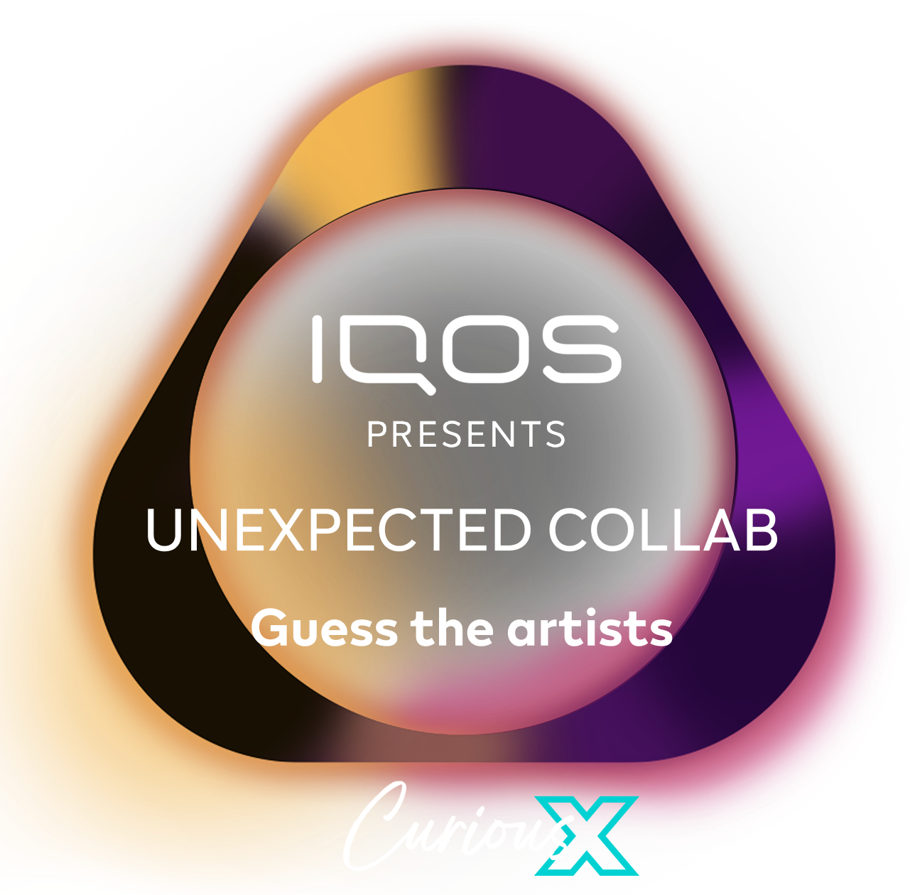 Logo IQOS si cu textul IQOS Presents UNEXPECTED COLLAB Guess the artists CURIOSX